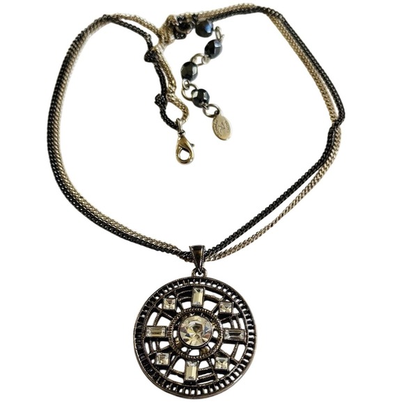 Rachel Reinmardt Necklace Two Tone Silver Gold Crystal Collar Chain Designer 18" - Picture 3 of 6